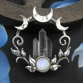 Circle of Crescent Moons, Vines, Gemstone Cabochon, Raw Quartz Crystal Points Silver Pendant Handmade | Woot & Hammy